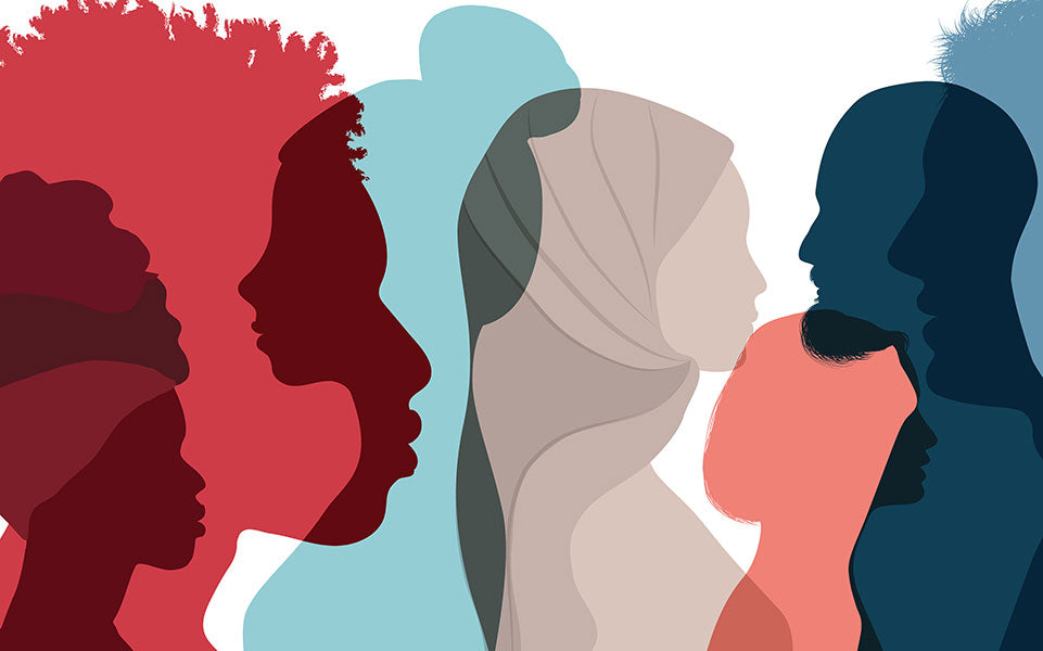 Side silhouettes of diverse women and men of color rendered in red, blue & tan.